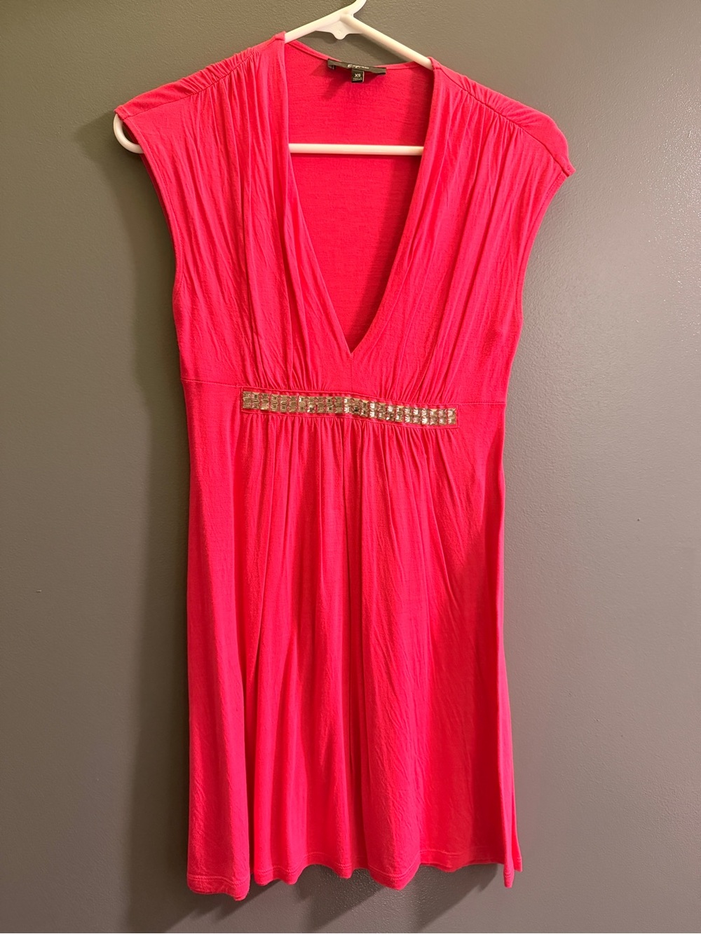 Express Hot Pink V-Neck Dress with Gold Waist Detail